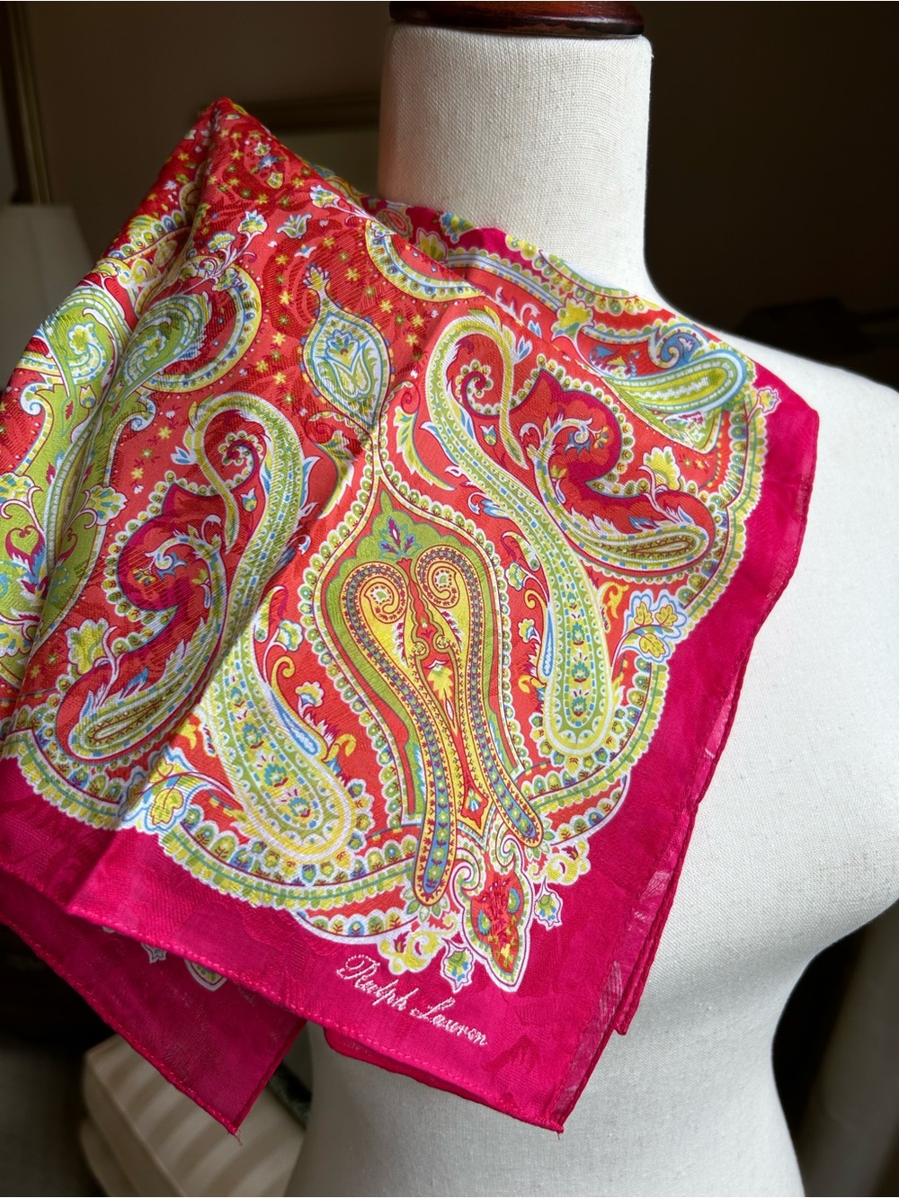 NWOT Vintage Ralph Lauren Paisley Cotton Jacquard Handkerchief with Embroidery